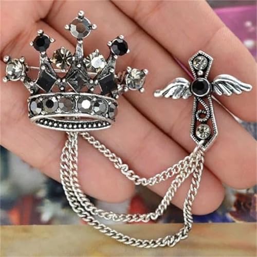 Image of coadipress Crown With Hanging Chain Brooch for Women Men Elegant Gentlemen Gold Silver Crystal Crown Lapel Pin Vintage Rhinestone Wedding Brooch Suit Shirt Pin Accessories