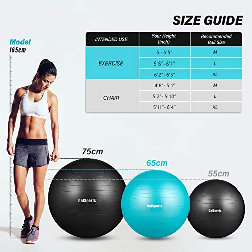 GalSports Exercise Ball (45cm-75cm), Anti-Burst Yoga Ball Chair with Quick Pump, Stability Fitness Ball for Birthing & Core Strength Training & Physical Therapy (Black, XL (68-75cm)) - Thumbnail 7