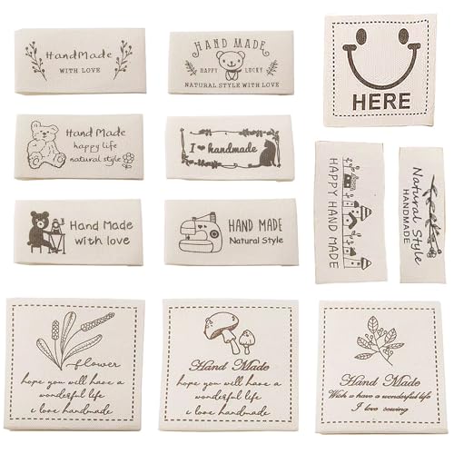LOYELEY ハンドメイド用 タグ 12種セット 綿 ロゴ ワッペン ラベル お花 猫 フラワー ネコ コットン かわいい おしゃれ DIY 縫製 手作り 手芸 ポーチ/衣類/帽子などに飾り Handmade 英文 (B)
