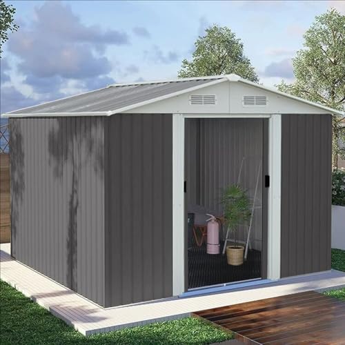 物置 屋外 大型 倉庫 戸外収納庫 大型物置 屋外 亜鉛メッキ鋼スチール 物置 防水 耐侯 収納庫 おしゃれ 収納可能 ガーデン/庭/田畑/農場 頑丈 大容量 スチール 引き戸 補強フレーム付き 換気口付き 裏庭/パティオ/芝生用 8×10フィート