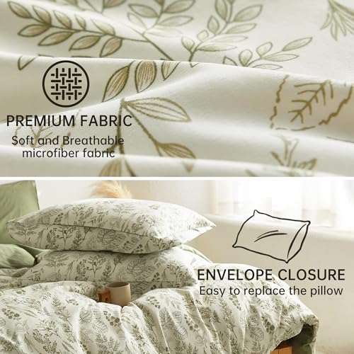 Image of BOLINLIVING Floral Duvet Cover Full Size, Green Botanical Duvet Cover Set with 2 Pillowcases, Breathable Soft Microfiber Bedding Set for All Season with Zipper Closure and 8 Corner Ties