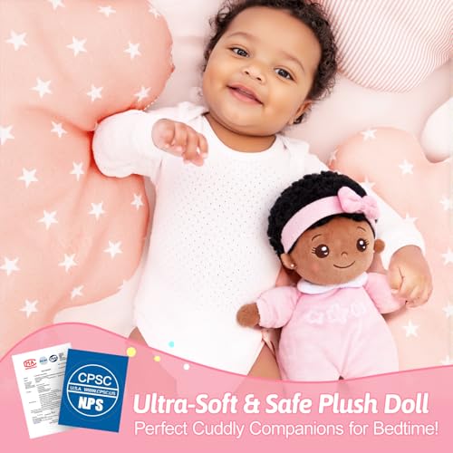Image of OUOZZZ Soft Black Baby Dolls for Girls - First African American Baby Dolls Multicultural Plush Rag Doll Sleeping Cuddle Buddy Doll Toy for Kids 10 inch