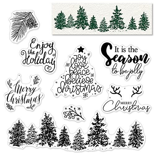 Merry Christmas Clear Silicone Stamps Decorative Xmas Theme Forest Christmas Tree Clear Rubber Scrapbooking Stamps With Sentiment For Card Making Diy Photo Album #TOP17