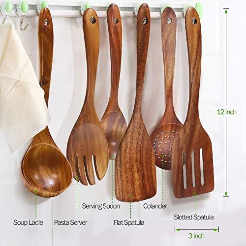 Wooden Utensils Set of 6, Large Kitchen Cooking Utensil for Non Stick Cookware, Natural Teak Wood Spoons Spatula Ladle Colander, Durable Seamless Kitchen Tools