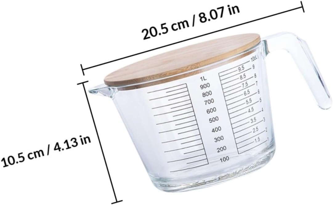Heat Resistant 1000ml Glass Measuring Cup with Scale and Wooden Lid, High Borosilicate Baking Measuring Jug for Kitchen and Home Cooking
