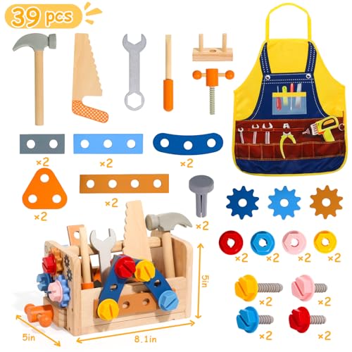 Tonze Kids Tool Set With Apron, Wooden Toddler Tool Bench Montessori Toys For 2 3 4 Year Old 39 Pcs Educational Stem Construction Toys For Ages 2-4 Pretend Play Toddler Tool Birthday Gift For Boy Girl thumb #2