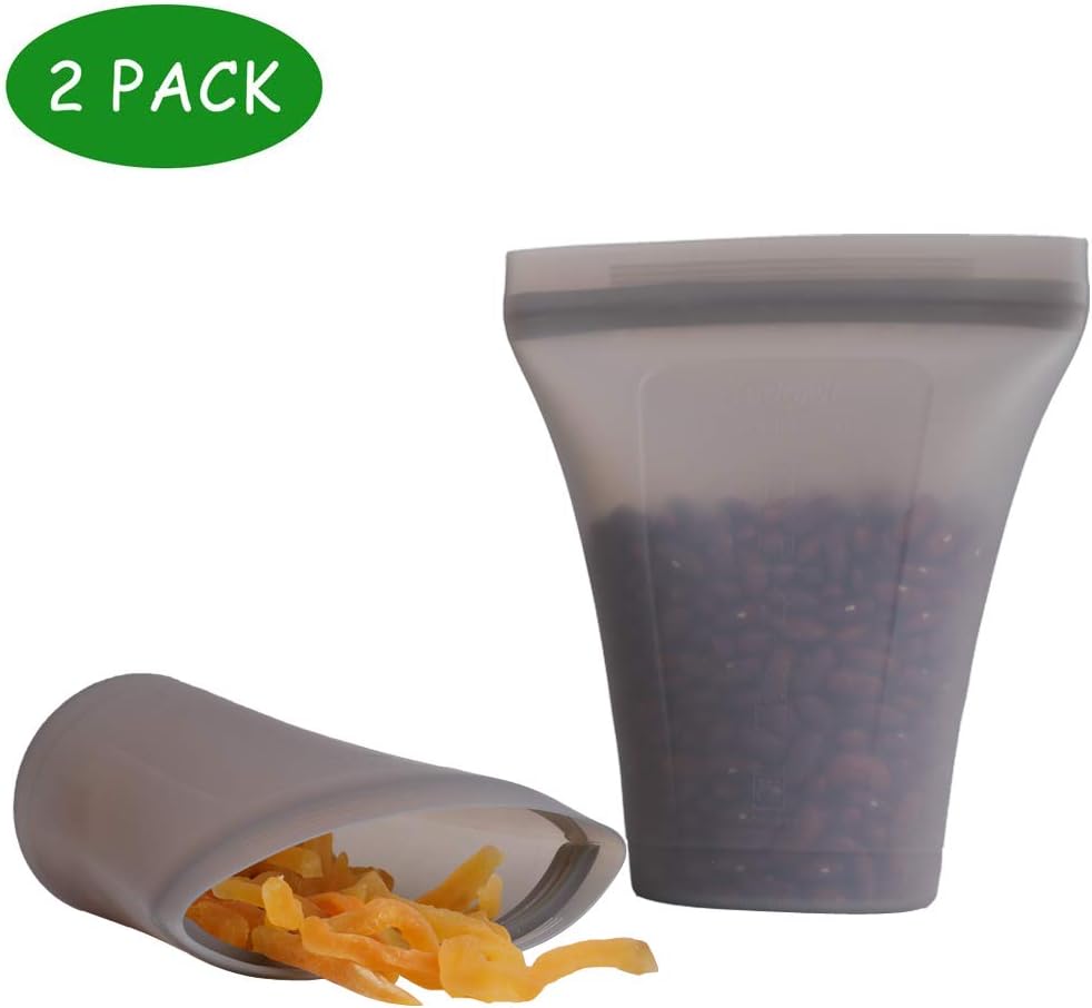 Reusable Silicone Food Storage Bag, 2 Pcs Zip Lock Top Storage Containers, Containers Stand Up Preservation Bag for Fruits Sandwich Travel and More, Food grade platinum silica gel Child safe dining.