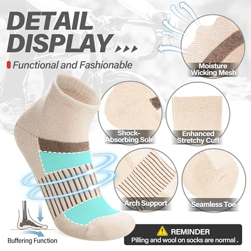 Image of 6 Pairs Merino Wool Ankle Running Hiking Socks Compression Support Breathable Thick Cushion No Show Socks for Women Men