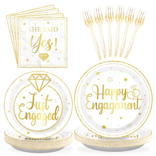 96Pcs Happy Engagement Party Supplies Just Engaged Plates and Napkins Golden Tableware Set Said Yes Engagement Decorations Favors for Wedding Bachelorette Bridal Shower Married Party Serve 24