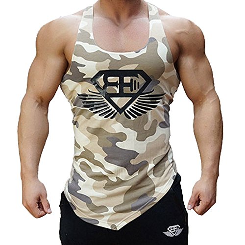 Mens Camo Muscle Bodybuilding Gym Stringer Tank Tops Workout Fitness Vest Camouflage (Khaki US S)