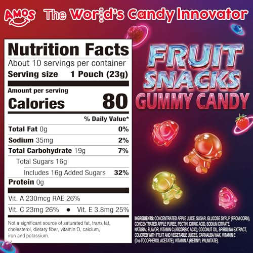 Image of Amos Fruit Snacks Gummy Candy, Astronaut Space Gummies, Made with Fruit Puree, Mixed Berry Flavor Fortified with Vitamin C, Soft Chewy On The Go Lunchbox Snacks, 8.47 oz (240g)