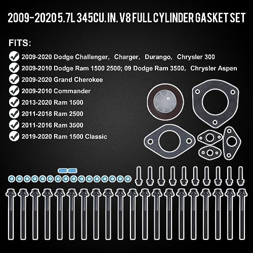 Image of vks Full Cylinder Gasket Set with Kit Head Bolts HS26423PT TCS46169 ES72200 for Dodge Challenger Charger Durango Ram 1500 2500 3500 Grand Cherokee 5.7 L V8