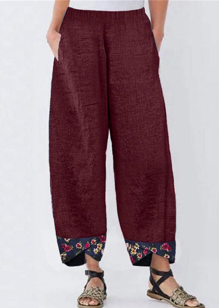 chouyatou Women's Floral Printed Cotton Linen Crop Pants Baggy Elastic Waist Wide Leg Palazzo Trousers - Image 2