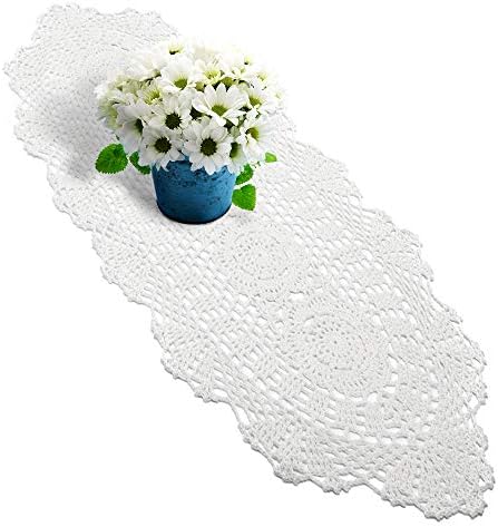yazi Handmade Crochet Lace Rectangular Table Runner White Color 11.8"X23.6"