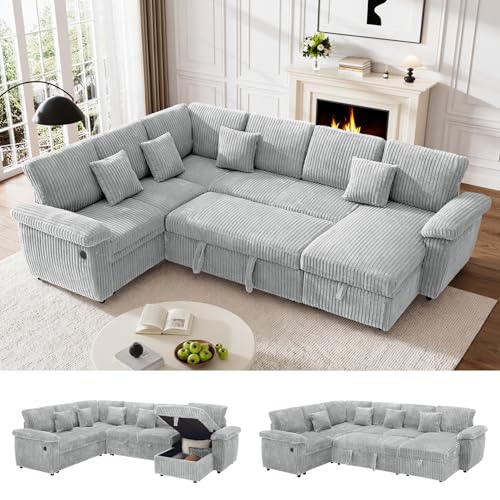 Image of Sectional Sleeper Sofa, Fluffy Soft Corduroy Couch with Pull Out Bed and Storage Chaise, Modern Comfy U Shaped Couch with USB Charger for Living Room, Apartment, Small Spaces, Grey