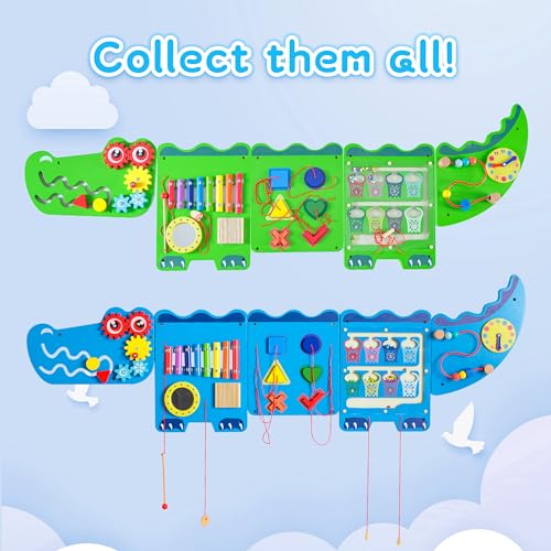 Image of Spacocld Crocodile Sensory Toys Activity Wall Panels - Montessori Busy Board, Toddler Learning Panel, Wall-Mounted Playroom /Daycare Educational Toys, Interactive Wooden Gift for Kids 3-6, Blue