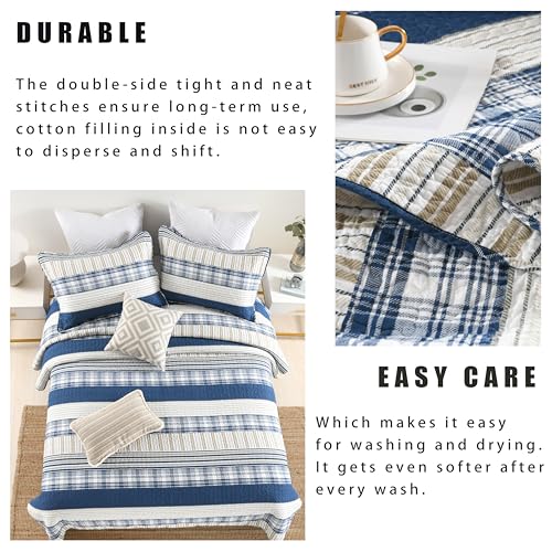 Image of Homzard King Size Comforter Set - 100% Cotton Blue White Tan Quilt King Size,Farmhouse Plaid Striped Bedspread Set,Reversible Lightweight Quilts 3 Pieces