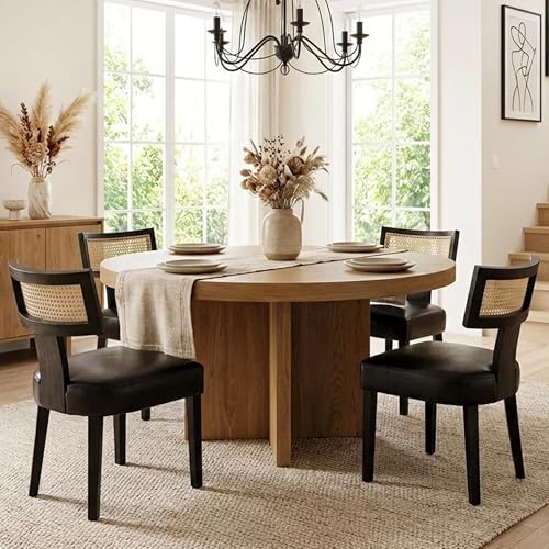 Image of HNY Mid Century Modern Rattan Dining Chairs Set of 4, Farmhouse PU Leather Upholstered Accent Chair Curved Backrest Kitchen Chairs, with Black Hardwood Frame, Black