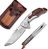 SPIRIT DEED Men's Damascus Folding Knife, 3.4 inch Damascus Steel Blade Redwood Handle EDC, Used for Camping and Hunting pocket knife