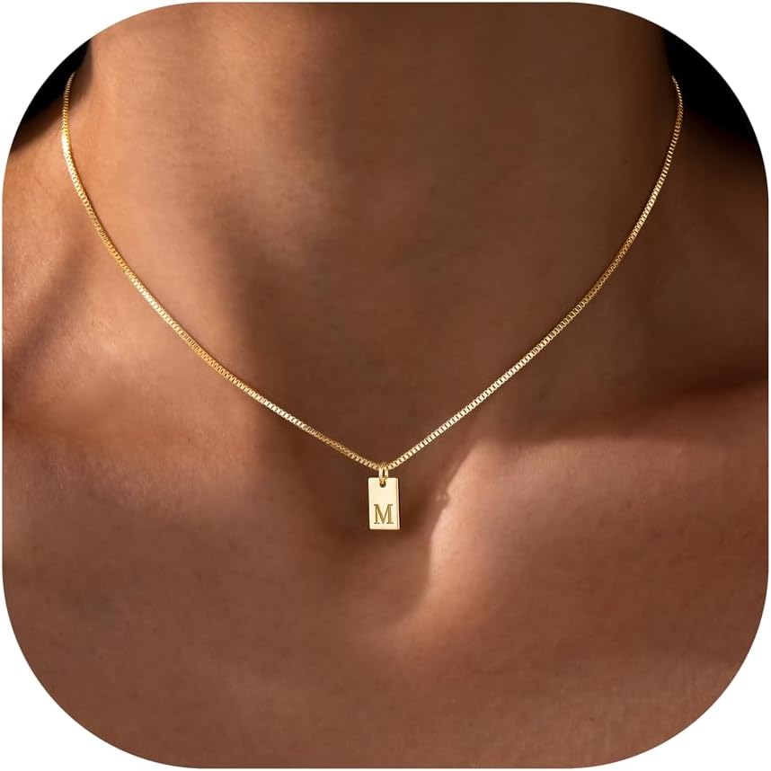 Initial Necklaces Women Non Tarnish, 14K Gold Dainty Square Letter Pendant Waterproof A-Z Trendy Thin Chain Name Necklace Personalized for Girl Jewelry s