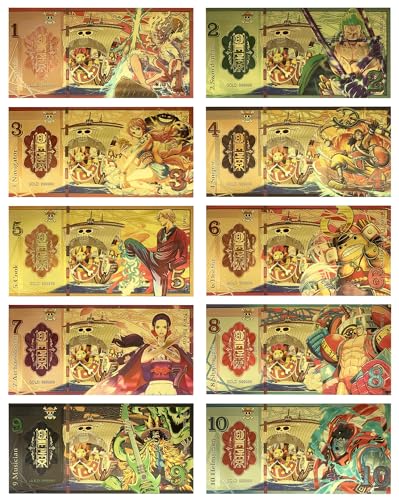 Anime One Piece Gold Coated Bookmarks, Straw Hat Pirates Limited Edition Collectible Banknote (10 PCS, Gold)