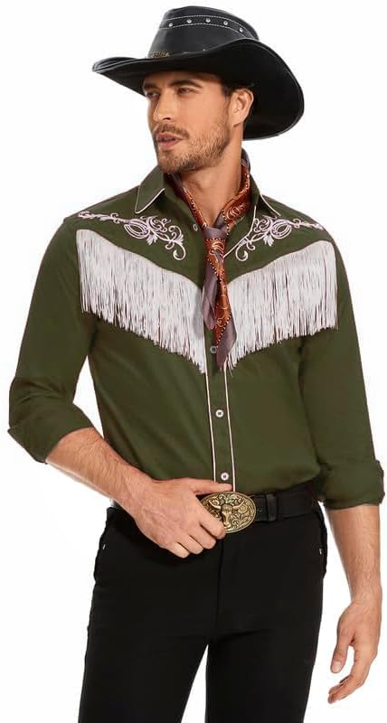 CORSKI Men's Cowboy Costume Western Long Sleeve Casual Fringe Hippie Slim Fit Button Down Shirt - Image 5