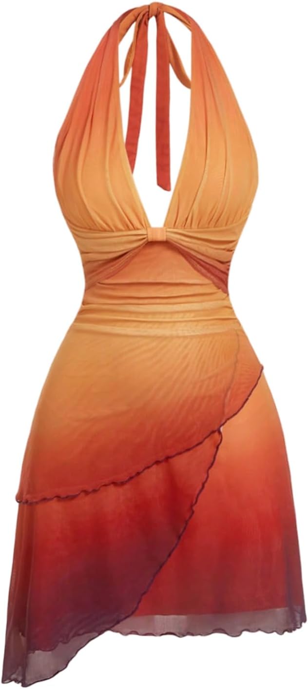 SOLY HUX Women's Halter Mini Dress Flowy Backless Deep V Neck Summer Casual Beach Dresses