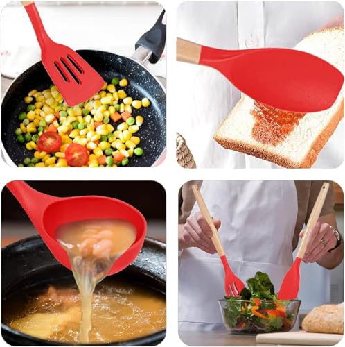 Image of Non-Stick Silicone Cooking Utensils Set, 5 Pcs With Wooden Handle, Heat Resistant Silicone Kitchen Gadgets (Red, 5)