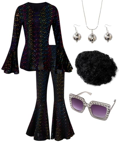 IWALUE Women 70s Disco Costume Top Pants Party with Wig Sunglasses Ball Earring Necklace (Black,X-Large)