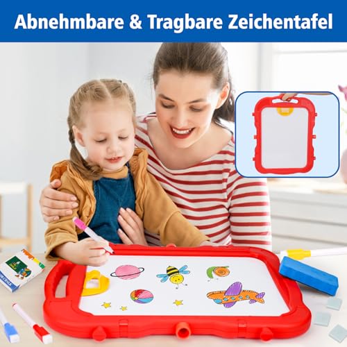 4 in 1 Kinder Staffelei Höhenverstellbare, Doppelseitige Kindertafel mit Magnetischer Kreidetafel & Whiteboard, Kinder Standtafel mit kreide und magnet ab 3 4 5 6 Jahre, Geschenk für Kinder 3-7 Jahre