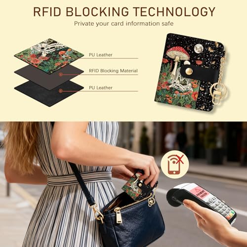 Image of Jogjam Mushroom Skull Rfid Ladies Wallet, Small Slim Thin Compact Credit Card Women Wallet, Skeleton Goth Horror PU Leather Bifold Zipper Coin Pocket for Female