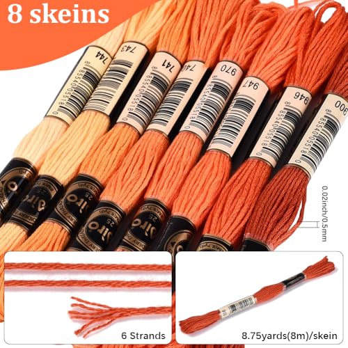 Image of 70 Yards 8 Skeins Gradient 6 Strands Orange Red Variegated Cross Stitch Thread Embroidery Floss Polyester Friendship Bracelet String Threads Set for Hand Sewing Making Needlecraft Supply