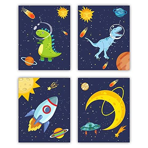 heshengzaixian Dinosaur Wall Art Posters, Space Wall Decor for Boys Bedroom,Gift for Kids, Astronaut Decorate,Solar System Painting for Nursery Classroom, Set Of 4 Unframed(8X10inch,) Cover