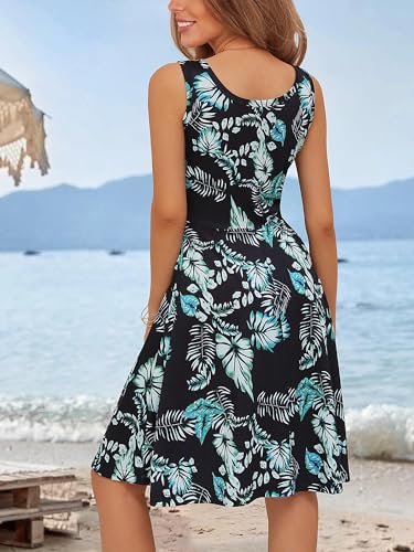 Image of HUHOT Womens Sleeveless V Neck Dress with Pocket Summer Beach Midi Flared Tank Dress