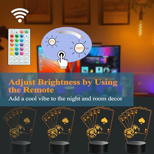 Image of Poker Night Light, 3D Illusion Lamp with 16 Colors Changing, Timer, 4 Flash Modes and Dimmable, Poker Cards Decor Playing Cards Dice for Casino Decorations, Man Cave Lights Poker Accessories