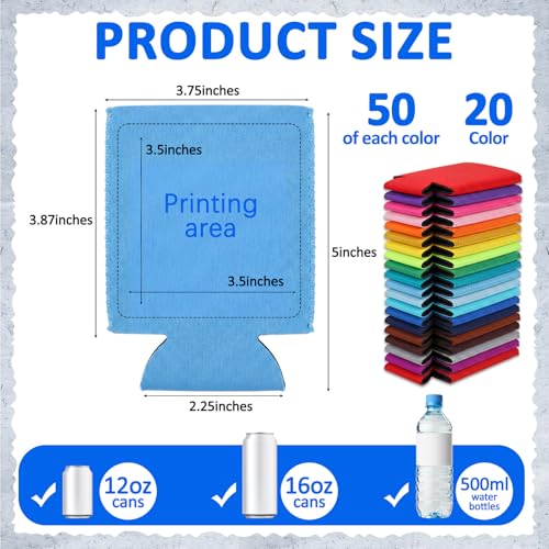Image of Umigy 1000 Pcs Can Coolers Sleeves Bulk Blank, Colorful