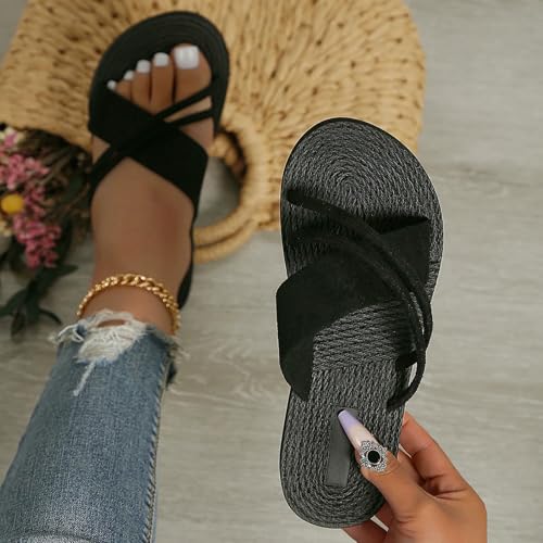 Women'S Fashion Trend Simple Pure Black Lace-Up Non-Slip Breathable Flat Slippers4