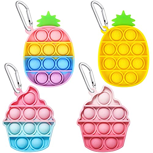 EVERMARKET Push Pop Bubbles Fidget Sensory Toy Keychains, 4 Pack Mini Ice Cream Pineapple Bubble Popper Stress Reliever Silicone Relax Toys Rainbow Color Block Toys, colorful, Small, (K-040-1)