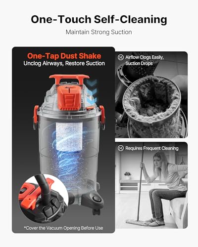 Image of VEVOR Shop Vac, 8 Gallon Wet Dry Shop Vacuum, 4.5 Peak HP Portable with One-Button Self-Cleaning, Dual-Filter, 900W Input Power, 1.25in x 7ft Hose, 9.8ft Cord for Jobsite, Workshop, Garage, Home