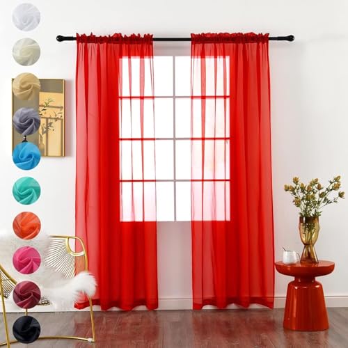 youleyar Solid Sheer Rod Pocket Curtain Voile Draperies 2 Panels White Beige Black Grey Coffee 52 Inch Width 84 Inch Long 1 Pair for Kitchen Bedroom Children Living Room Yard (Red 52W84L)