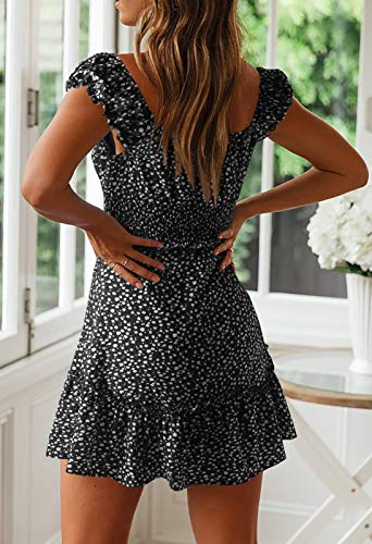 Image of Valphsio Womens Smocked Dress Ruffle Floral Tie Front Boho Short Dresses