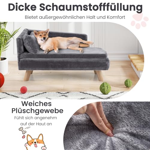 GYMAX Hundesofa erhöht, Katzensofa mit Rückenlehne, Kiefernholzbeinen & abnehmbaren Kissen, Haustiersofa für mittlere Hunde unter 50 kg, Hundebett, Hundecouch, 81 x 51 x 47 cm (Grau)