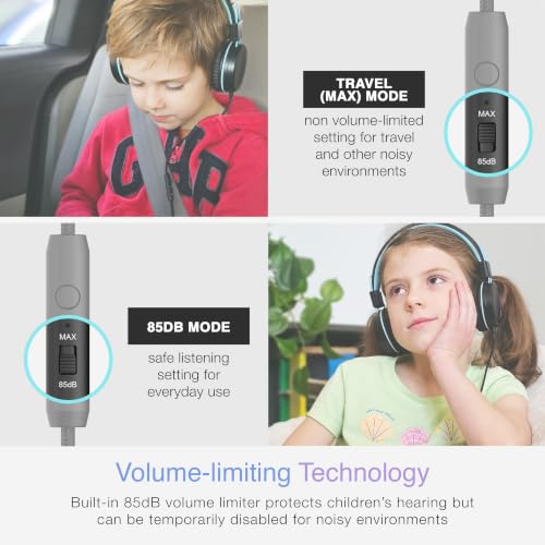 Image of MEE audio KidJamz KJ55 Wired Children's Headphones with 3.5mm Plug, Colorful Graphics, Volume Limiter & Mic, Adjustable On-Ear Kids Headset for Online Learning /School /Travel /Tablet (Plain Black)