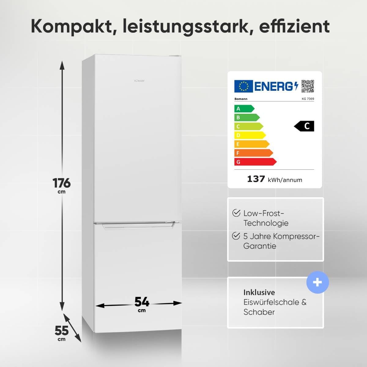 Bomann KG 7369 Kühlschrank mit Gefrierfach Energieklasse C 176cm LowFrost weiß