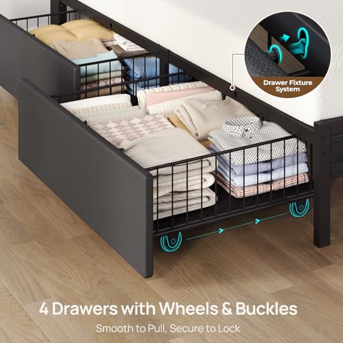 Image of Rolanstar Queen Bed Frame with 4 Drawers, LED Lights and Charging Station, Metal Platform Bed with Storage Headboard, Noise Free, Easy Assembly, No Box Spring Needed, Black