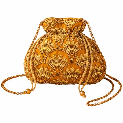 Image of Women's Embellished Zari & Pearl Velvet Potli Bag - Elegant Traditional Handcrafted Clutch for Weddings & Festive Occasions