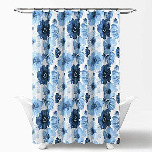Image of Lush Decor Leah Floral Shower Curtain, 72 inch W x 72 inch L, Navy & White - Fabric Shower Curtains - Watercolor Botanical Bathroom Curtain - Farmhouse & French Country Decor