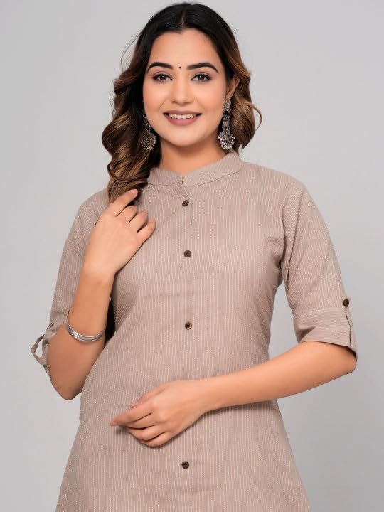 Image of Avayayat Stylish Katha Cotton Co-ord Set For Women - Shirt Style Kurti with Pants, 2peice Kurta With Trouser Casual Wear Brown