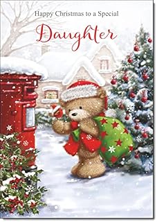 doodlecards Daughter Christmas Card Cute Bear at Post Box Medium Size with Plain Red Envelope