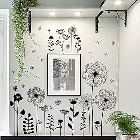 Arquiel Dandelion Flying Flowers Wall Stickers, Large Black Bloom Wall Decals Wall Decor for Bedroom Living Room, Cabinet, Closet Cover